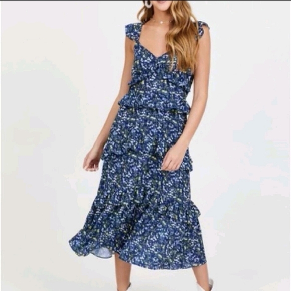ALTAR'D STATE Mallory Navy Blue Floral Tiered Ruffled Sleeveless Maxi Dress SZ M - Picture 1 of 12